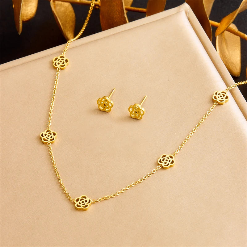316L Stainless Steel Pearl Butterfly Flower Golden Necklace Earrings For Womens 2026 New Party Gift Fashion Jewelry Set
