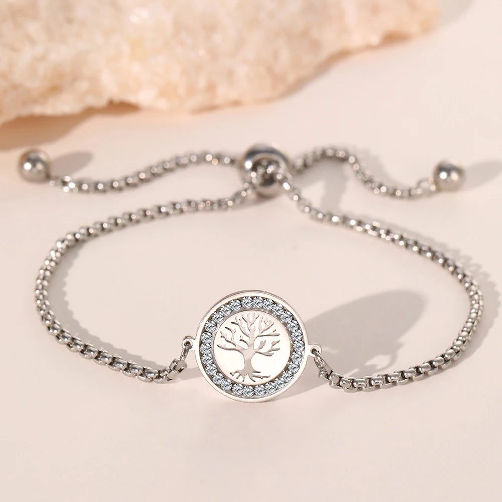 Leixure Supplies Stainless Steel Exquisite Tree of Life Crystal Pendant Chain Bracelets - Adjustable Chian for Women
