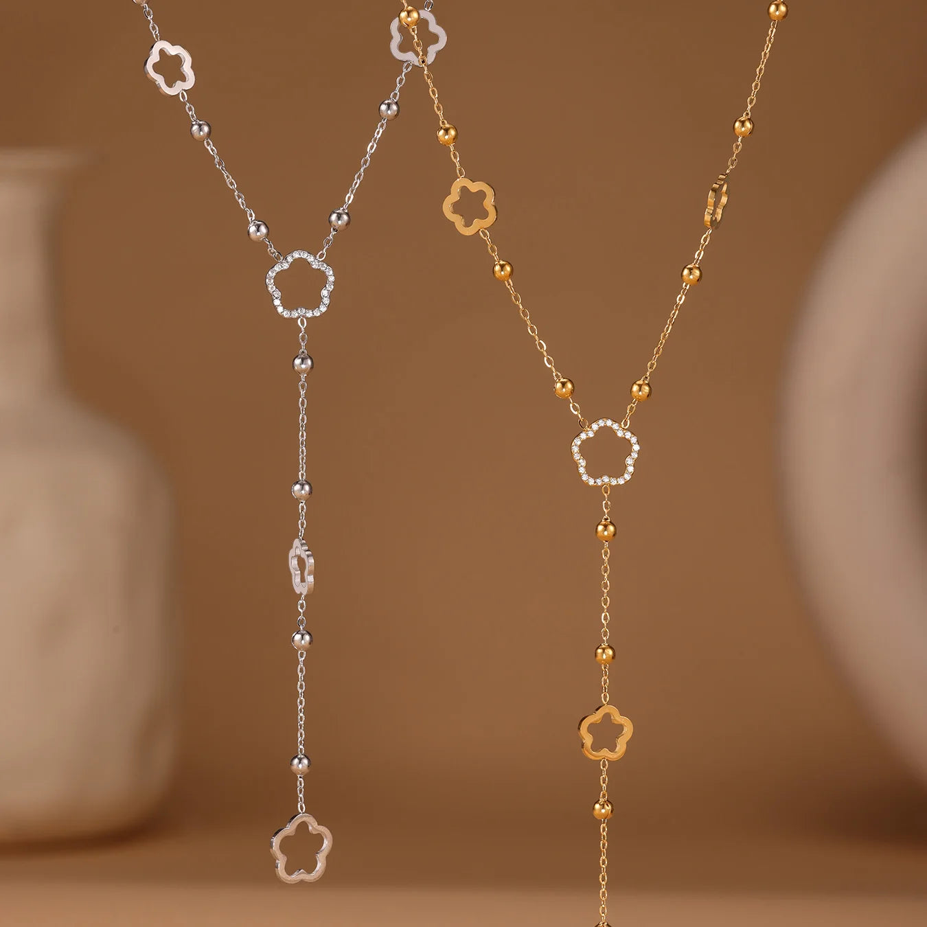 Flower Chain Stainless Steel Zircon Long Necklacs For Women PVD Gold Plated Metal Female Collar Party Wedding Jewelry