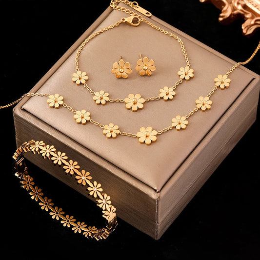 316L Stainless Steel Daisy Flowers Necklace Earrings Bracelets For Women Fashion Waterproof Jewelry 4-Set Lady Gift