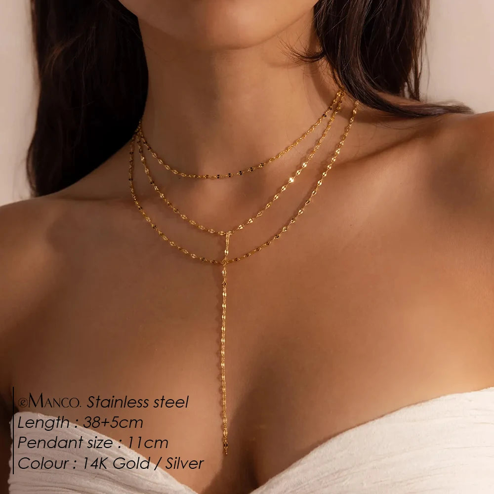 Stainless Steel Minimalist Style Water wave Chain Multi Layer Lariat Necklace Fashion Women's Jewelry Wholesale