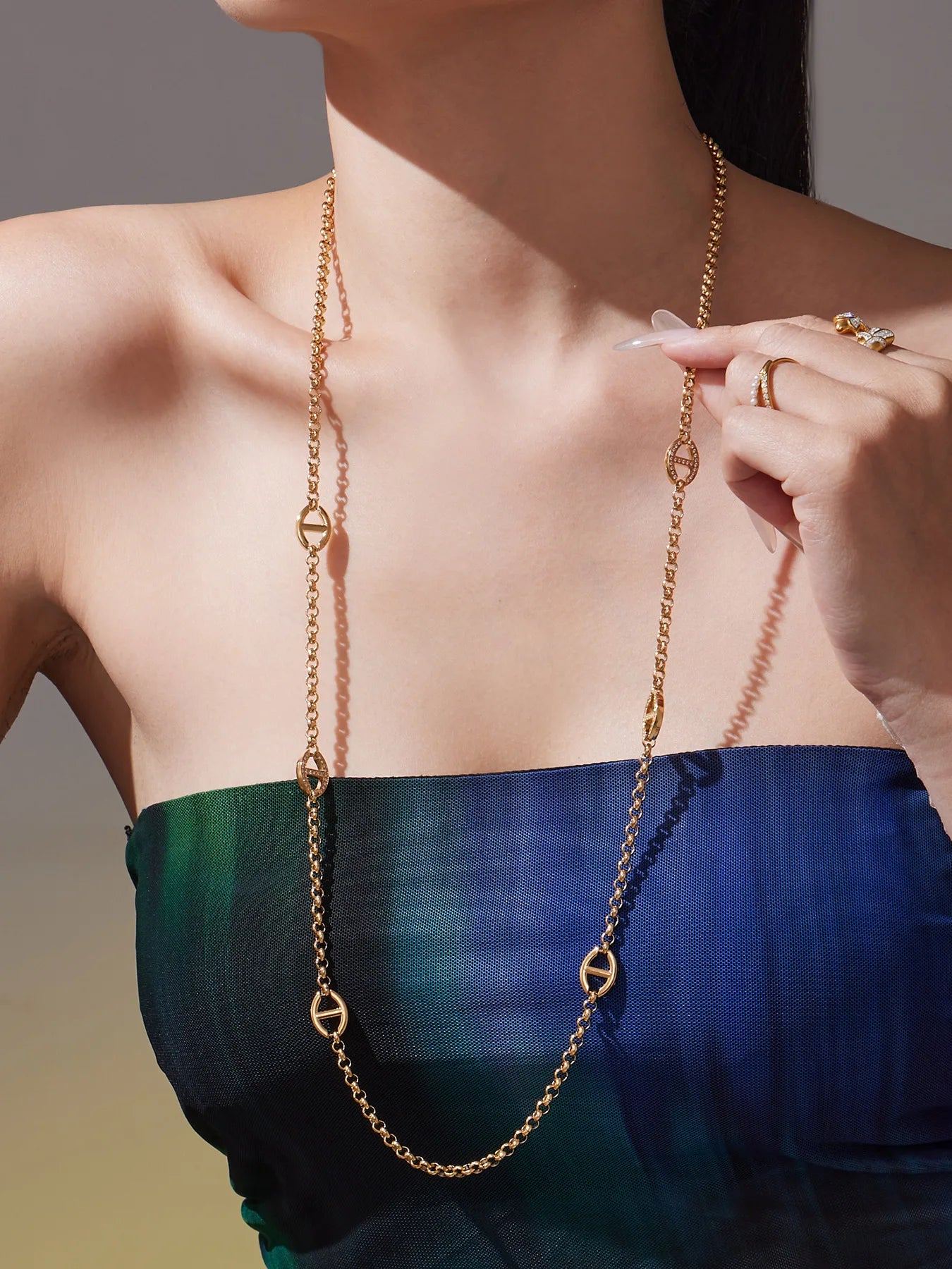 80cm Long Necklace for Women 18k Gold Plated Stainless Steel Chain Necklaces Inlaid Zircon Charm Sweater Chains Necklace