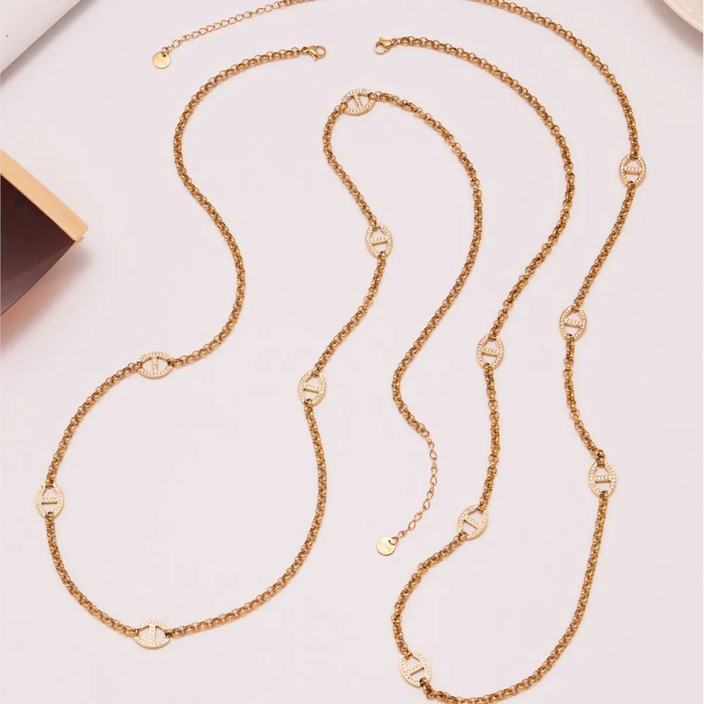 80cm Long Necklace for Women 18k Gold Plated Stainless Steel Chain Necklaces Inlaid Zircon Charm Sweater Chains Necklace