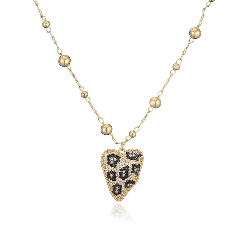 Copper Cute Leopard Pattern Heart Shaped Women's Pendant Necklace 18K Golden Plated with Sparkling Zircon Women's Jewelry