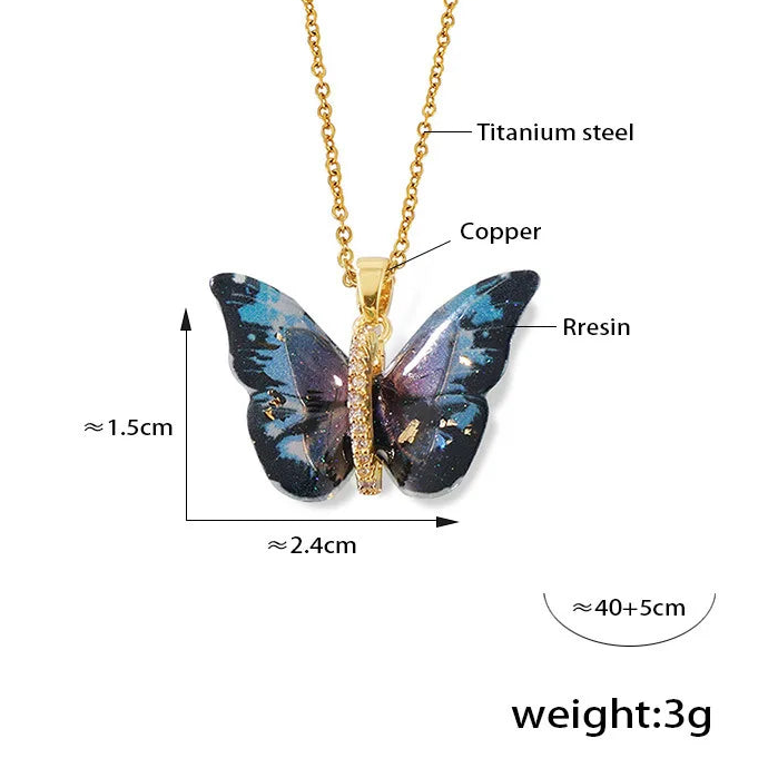 Delicate Resin Butterfly Pendant Necklace For Women Stainless Steel Thin Chain Colorful Choker PVD Gold Plated Jewelry