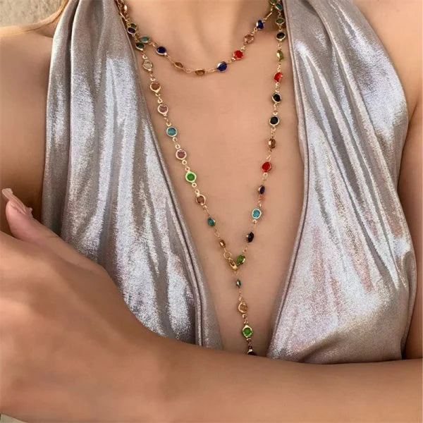 Trendy Gold Silver Color Glass Long Y-Shaped Necklace Metal Collarbone Chain Summer Holiday Party Bohemian Body Jewelry Gifts
