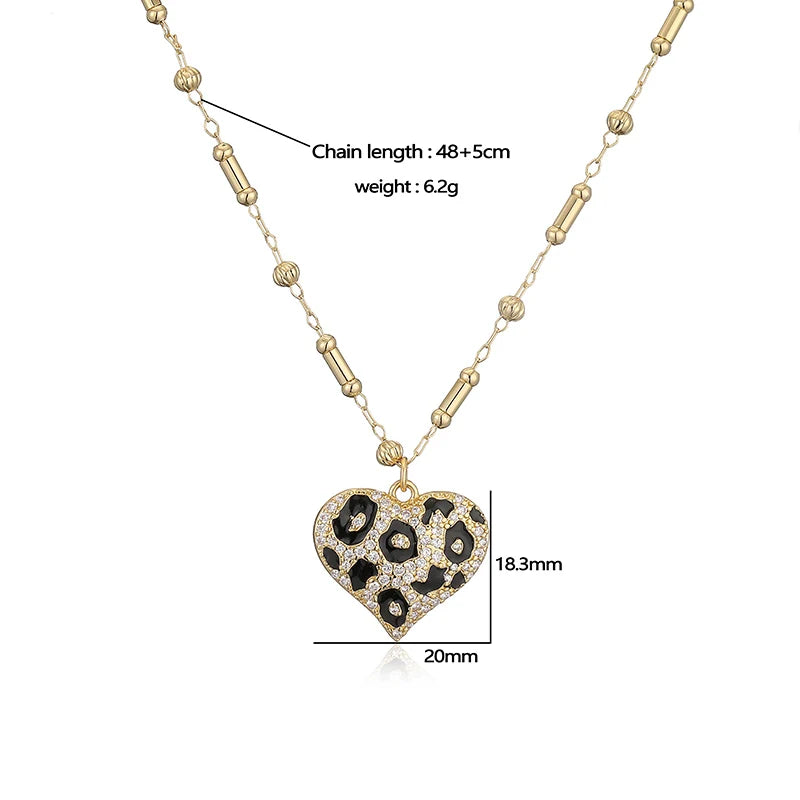 Copper Cute Leopard Pattern Heart Shaped Women's Pendant Necklace 18K Golden Plated with Sparkling Zircon Women's Jewelry