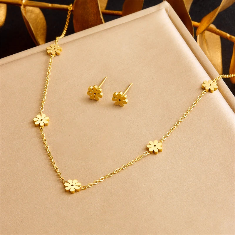 316L Stainless Steel Pearl Butterfly Flower Golden Necklace Earrings For Womens 2026 New Party Gift Fashion Jewelry Set