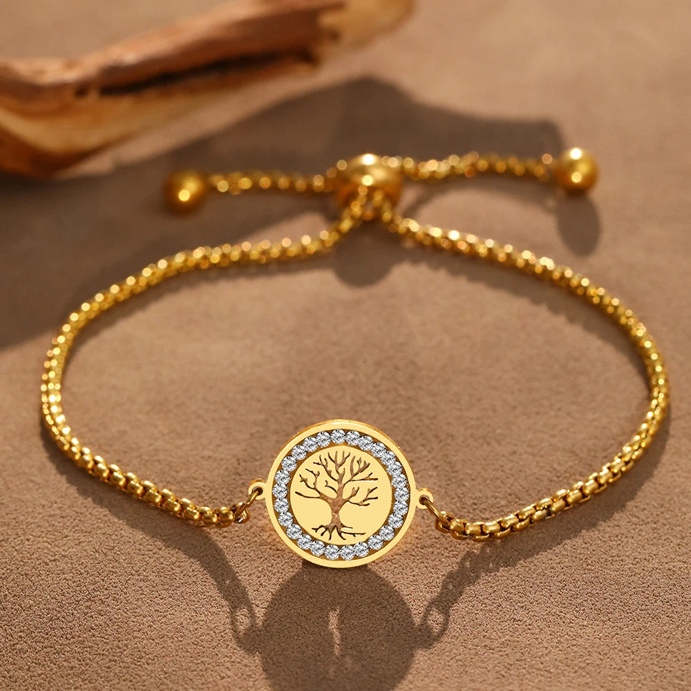 Leixure Supplies Stainless Steel Exquisite Tree of Life Crystal Pendant Chain Bracelets - Adjustable Chian for Women