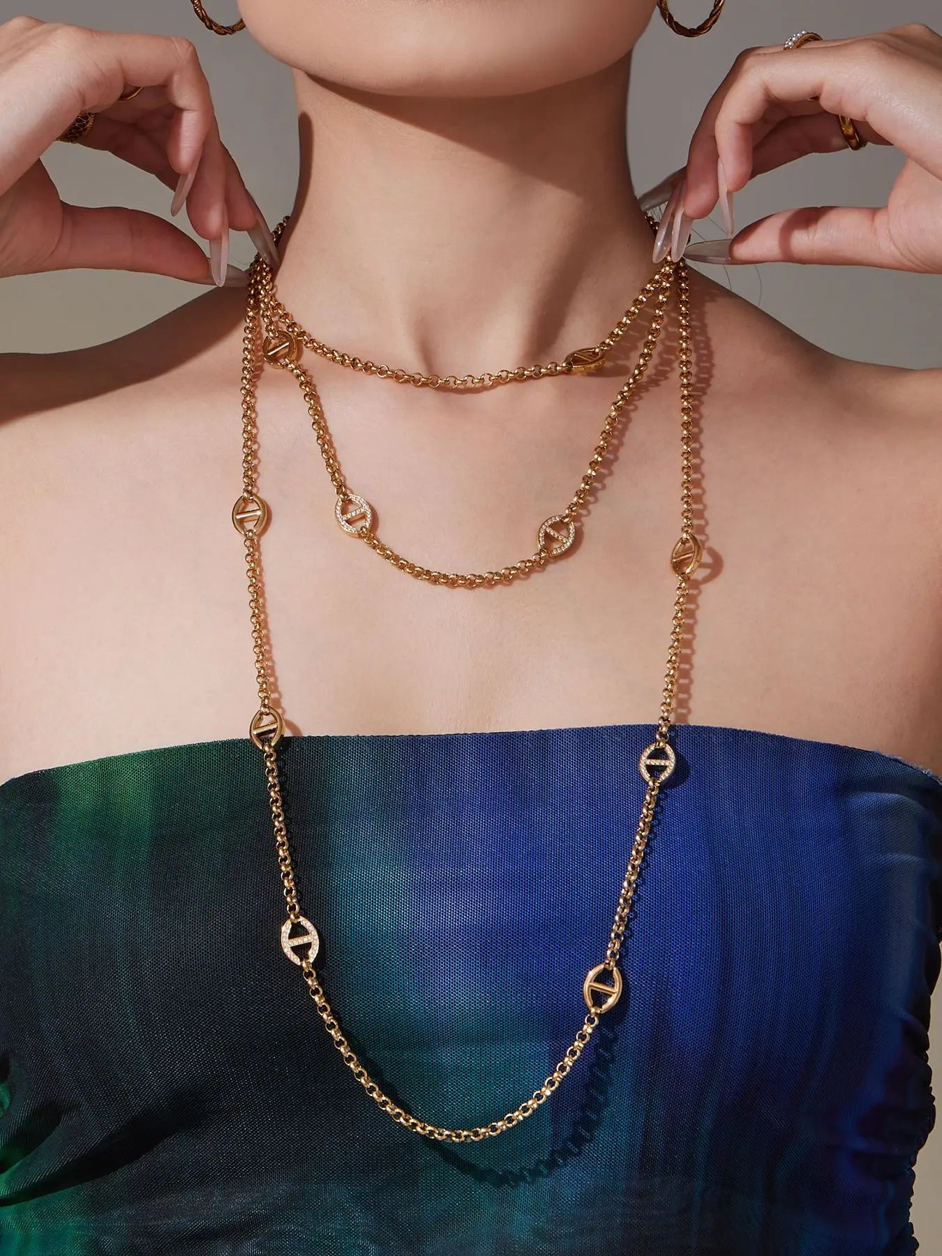 80cm Long Necklace for Women 18k Gold Plated Stainless Steel Chain Necklaces Inlaid Zircon Charm Sweater Chains Necklace