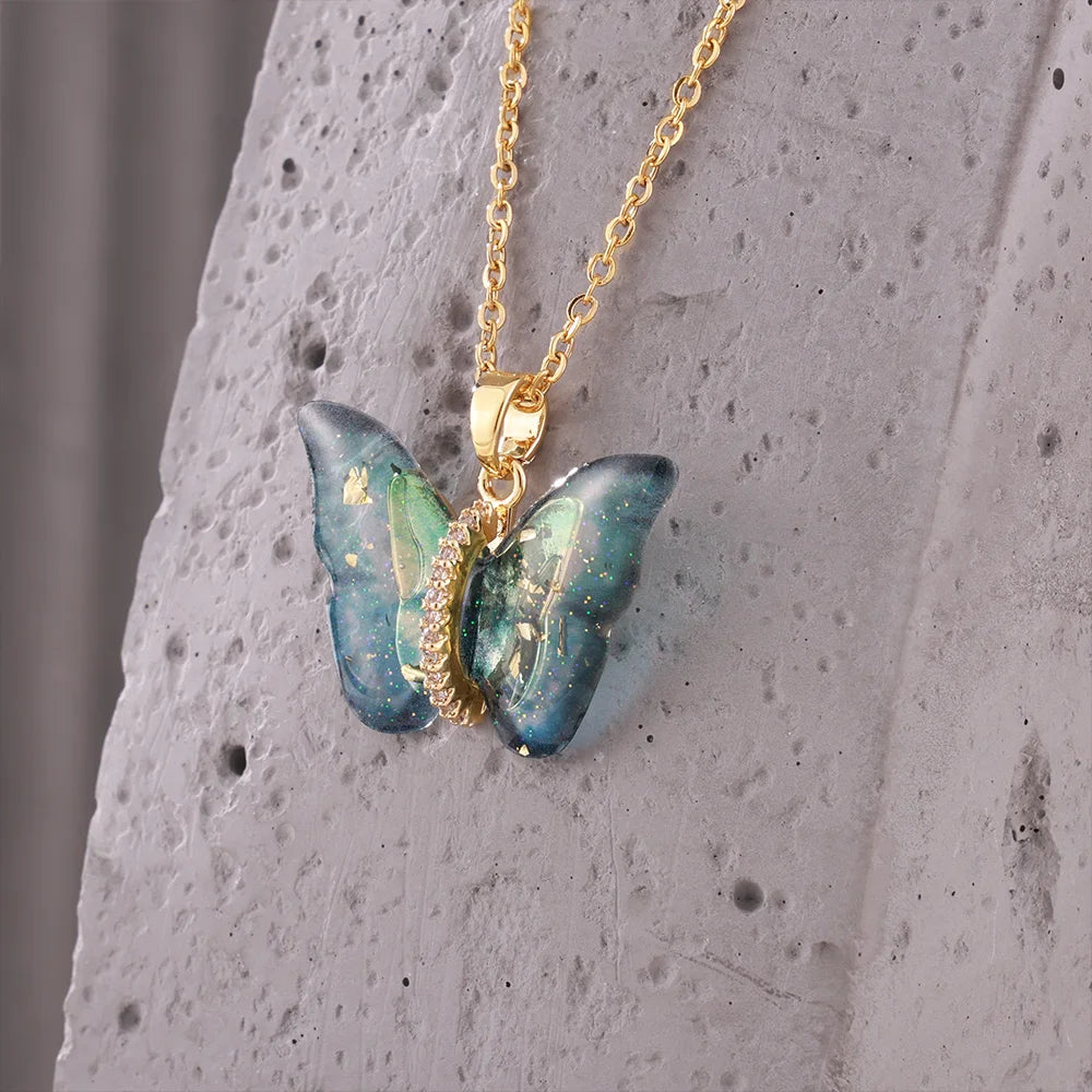 Delicate Resin Butterfly Pendant Necklace For Women Stainless Steel Thin Chain Colorful Choker PVD Gold Plated Jewelry