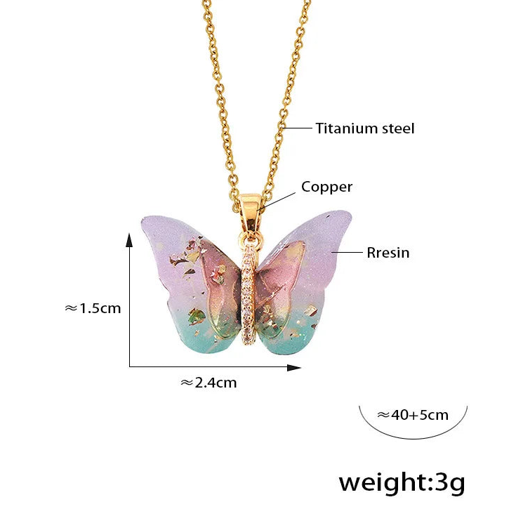 Delicate Resin Butterfly Pendant Necklace For Women Stainless Steel Thin Chain Colorful Choker PVD Gold Plated Jewelry