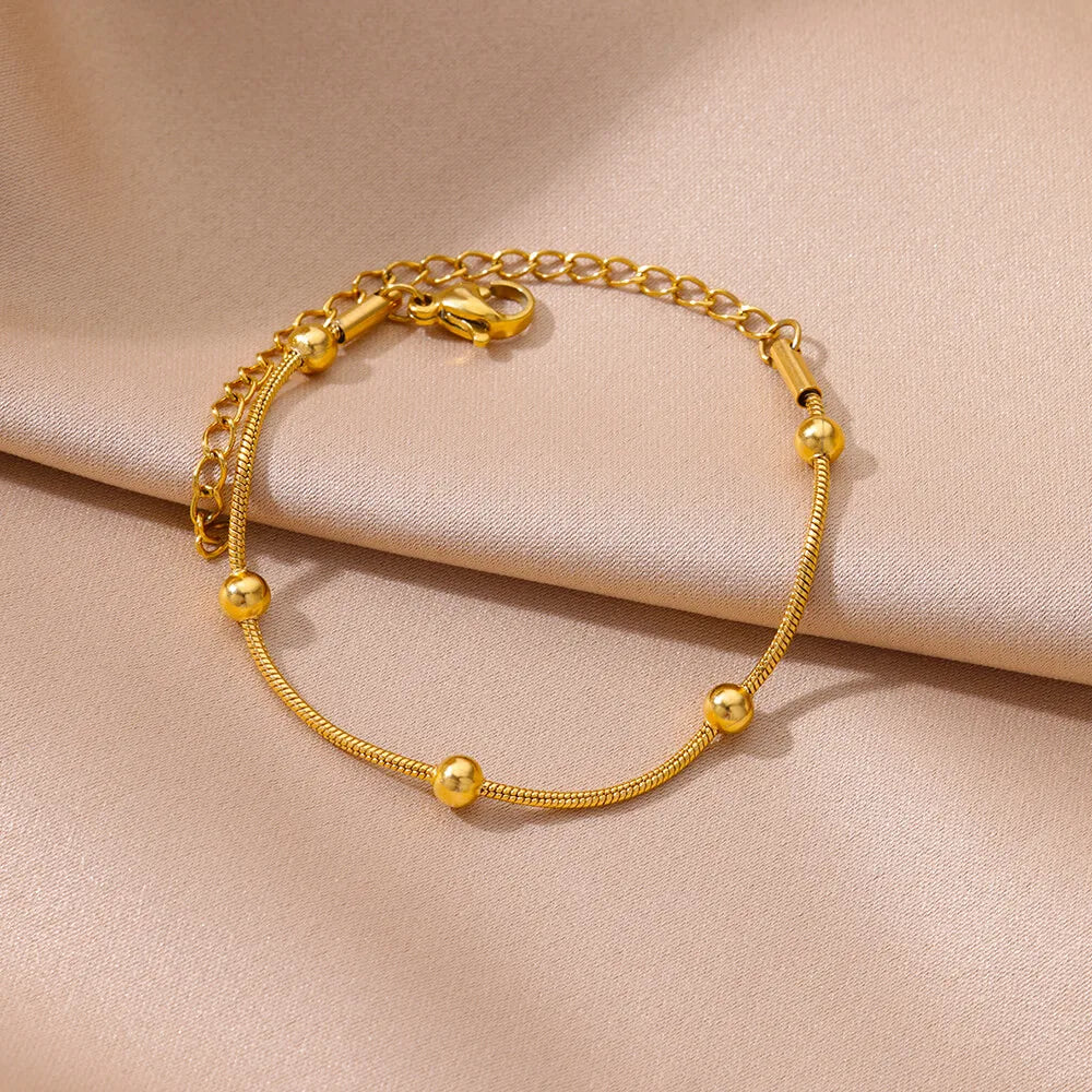 Leixure Supplies Stainless Steel Beaded Round Snake Chain Gold color Bracelets For Women - Jelwery Gifts