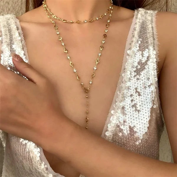 Trendy Gold Silver Color Glass Long Y-Shaped Necklace Metal Collarbone Chain Summer Holiday Party Bohemian Body Jewelry Gifts