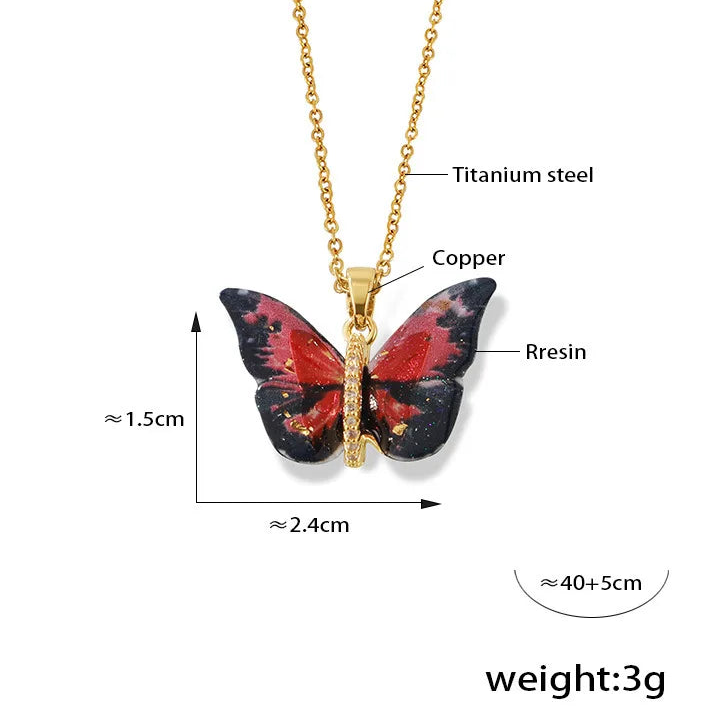 Delicate Resin Butterfly Pendant Necklace For Women Stainless Steel Thin Chain Colorful Choker PVD Gold Plated Jewelry