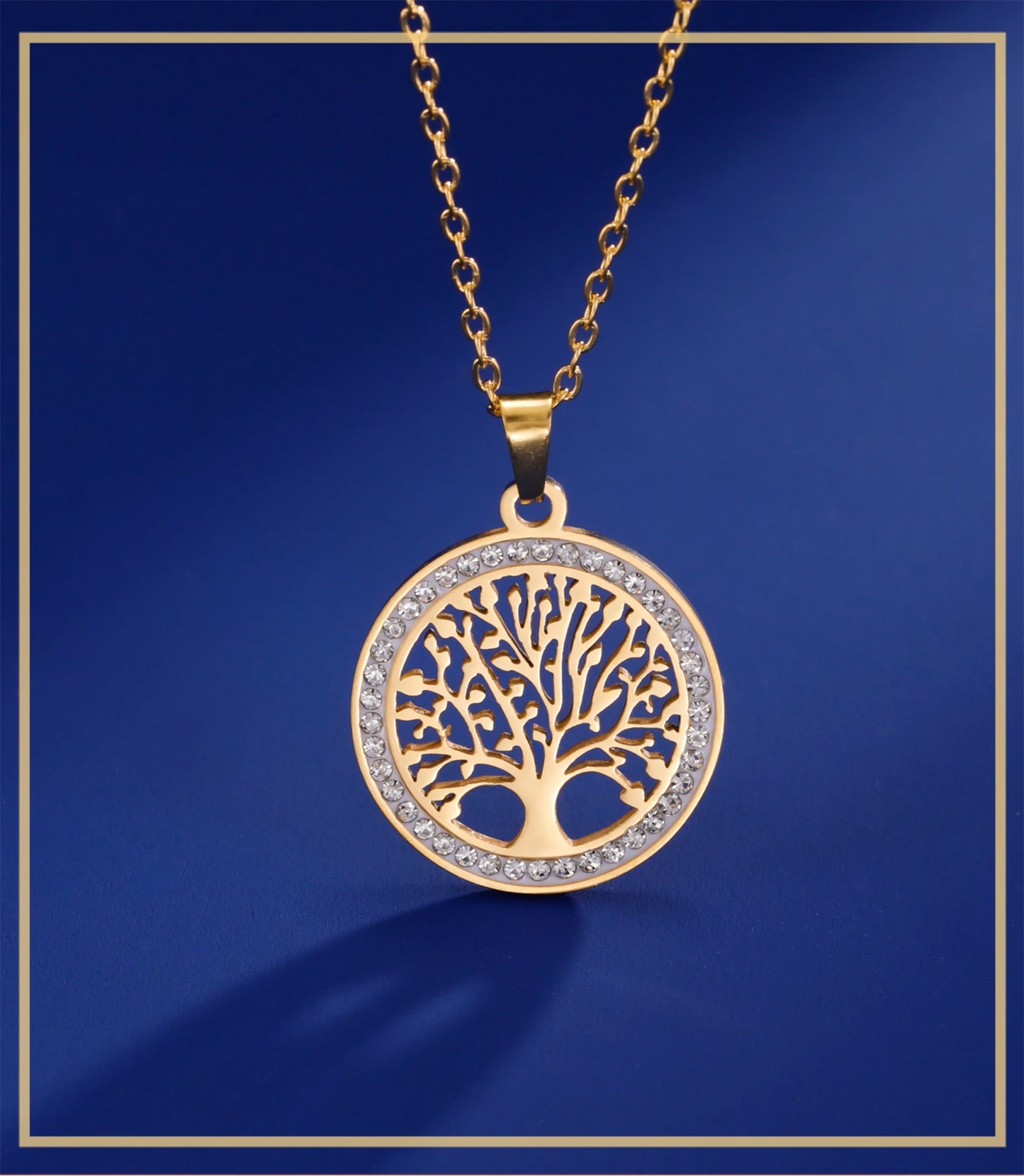 Tree of Life Necklace for Women Stainless Steel Gold Color Clear Zircon Round Pendant Neck Chains Luxury Wedding Gift