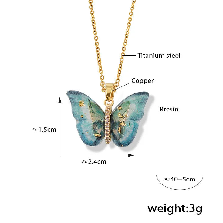Delicate Resin Butterfly Pendant Necklace For Women Stainless Steel Thin Chain Colorful Choker PVD Gold Plated Jewelry