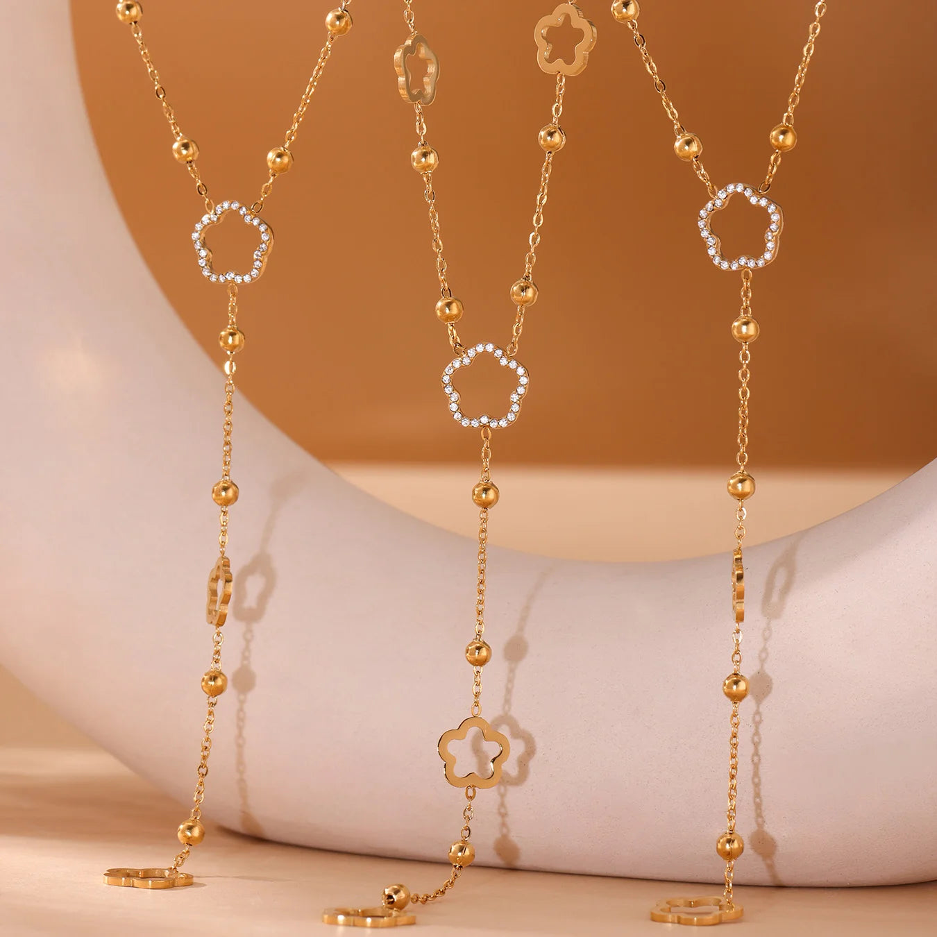 Flower Chain Stainless Steel Zircon Long Necklacs For Women PVD Gold Plated Metal Female Collar Party Wedding Jewelry