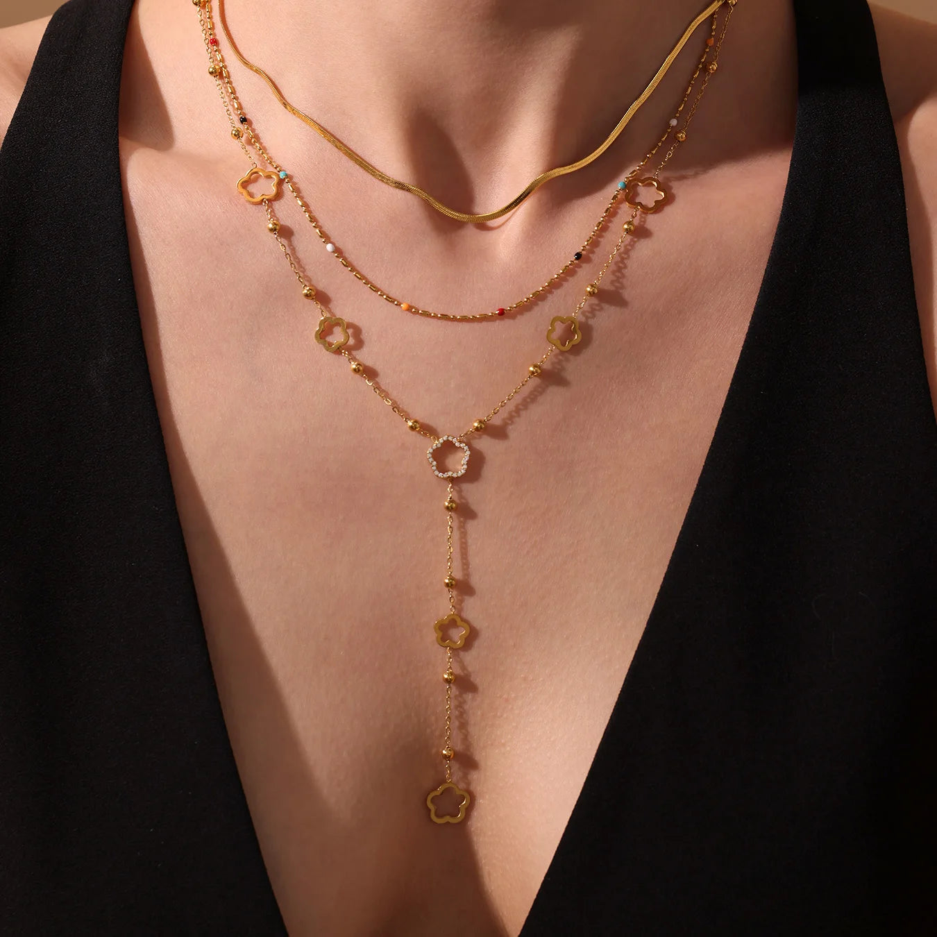 Flower Chain Stainless Steel Zircon Long Necklacs For Women PVD Gold Plated Metal Female Collar Party Wedding Jewelry