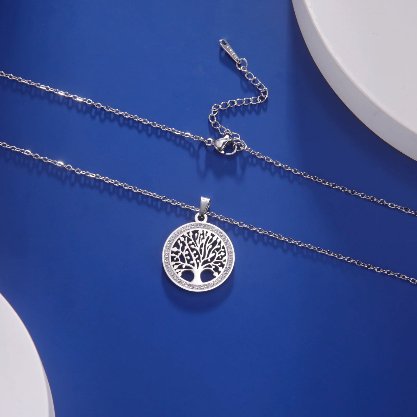 Tree of Life Necklace for Women Stainless Steel Gold Color Clear Zircon Round Pendant Neck Chains Luxury Wedding Gift