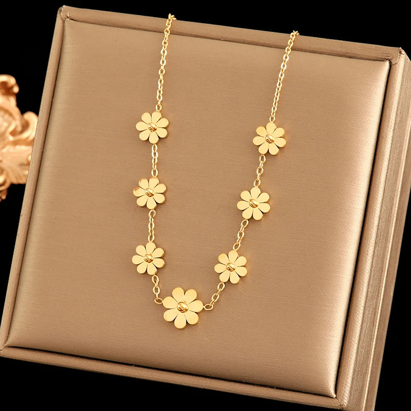 316L Stainless Steel Daisy Flowers Necklace Earrings Bracelets For Women Fashion Waterproof Jewelry 4-Set Lady Gift
