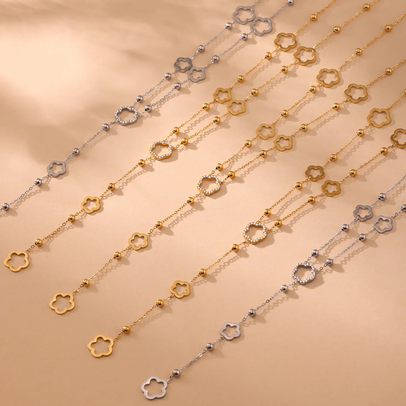 Flower Chain Stainless Steel Zircon Long Necklacs For Women PVD Gold Plated Metal Female Collar Party Wedding Jewelry