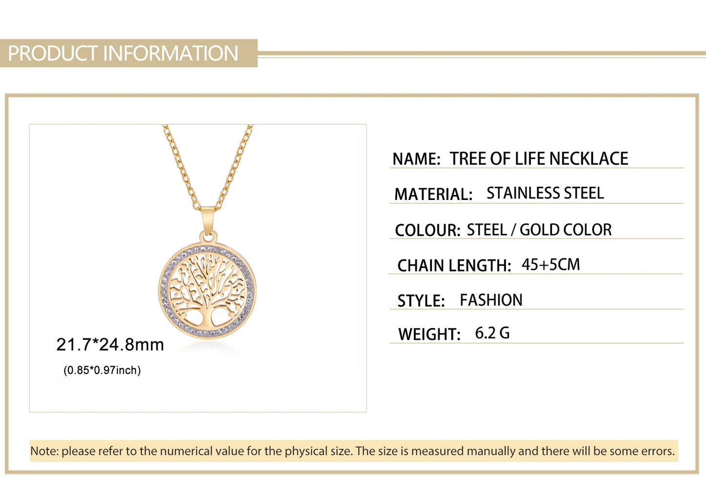 Tree of Life Necklace for Women Stainless Steel Gold Color Clear Zircon Round Pendant Neck Chains Luxury Wedding Gift