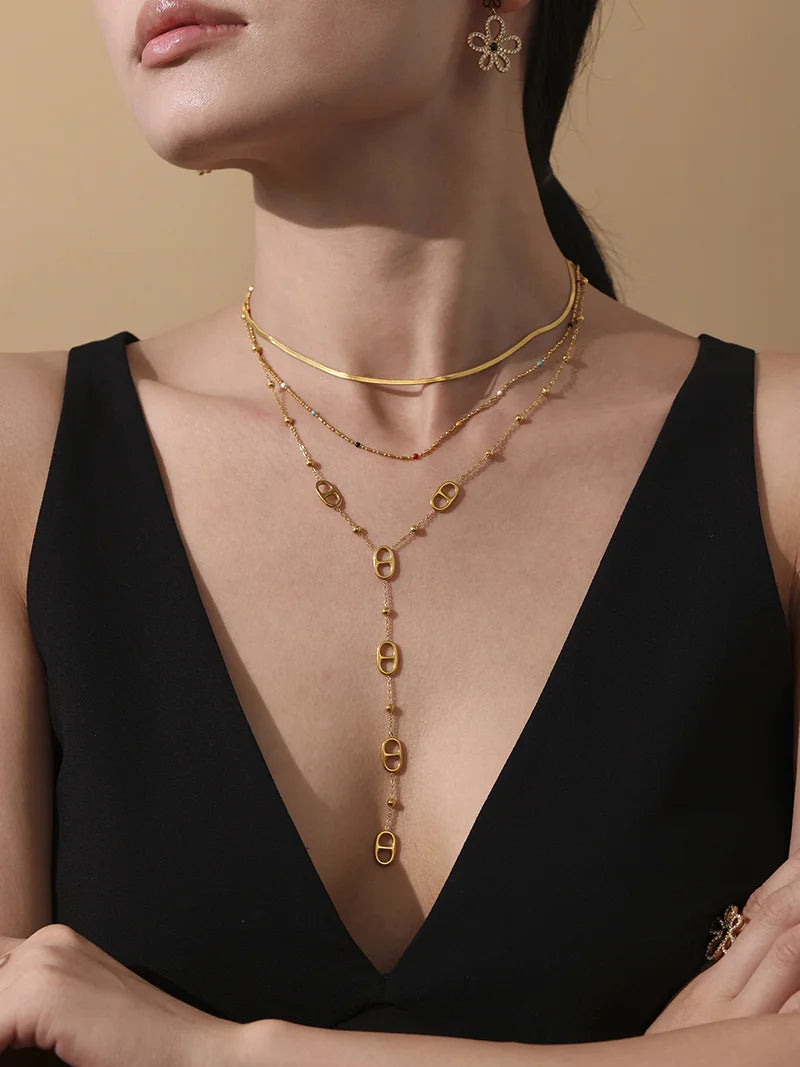 Premium Stainless Steel Long Necklace Trendy Pig Nose Style Y Shape Drop Pendant Waterproof Necklace for Women Girls Jewelry