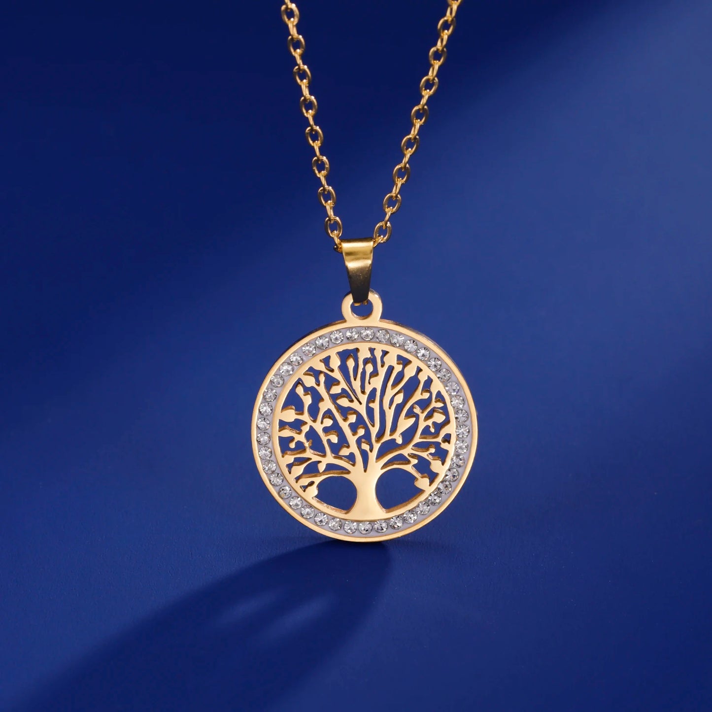 Tree of Life Necklace for Women Stainless Steel Gold Color Clear Zircon Round Pendant Neck Chains Luxury Wedding Gift