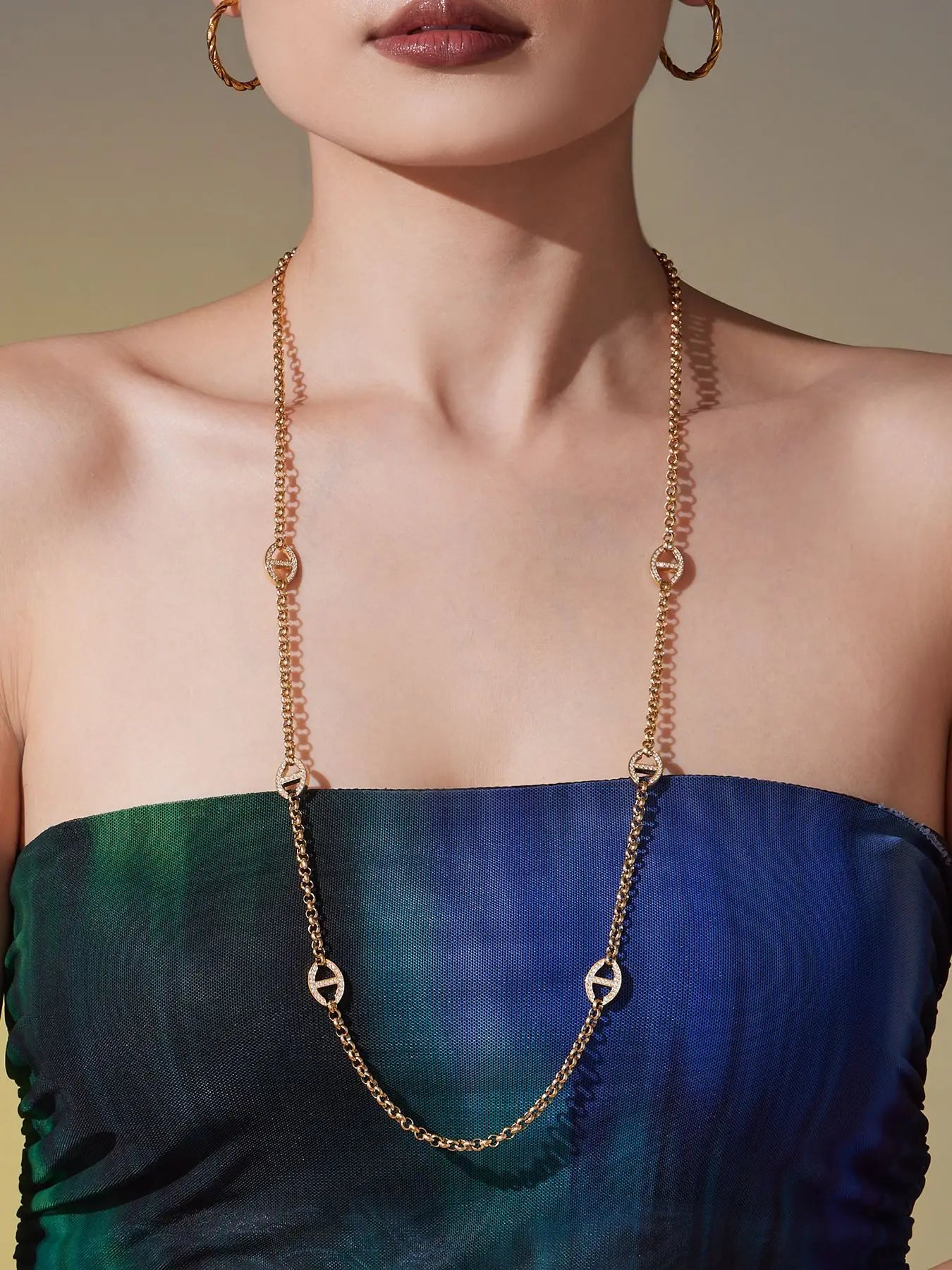 80cm Long Necklace for Women 18k Gold Plated Stainless Steel Chain Necklaces Inlaid Zircon Charm Sweater Chains Necklace