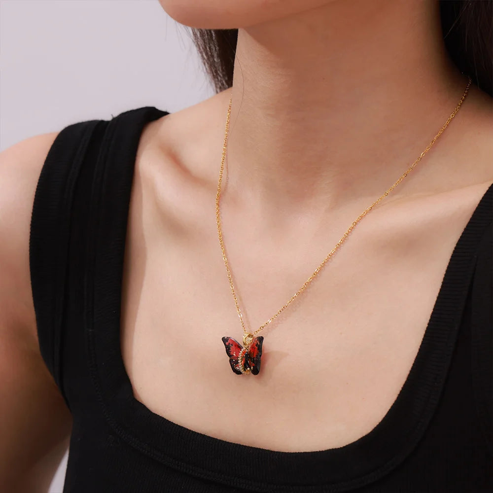 Delicate Resin Butterfly Pendant Necklace For Women Stainless Steel Thin Chain Colorful Choker PVD Gold Plated Jewelry