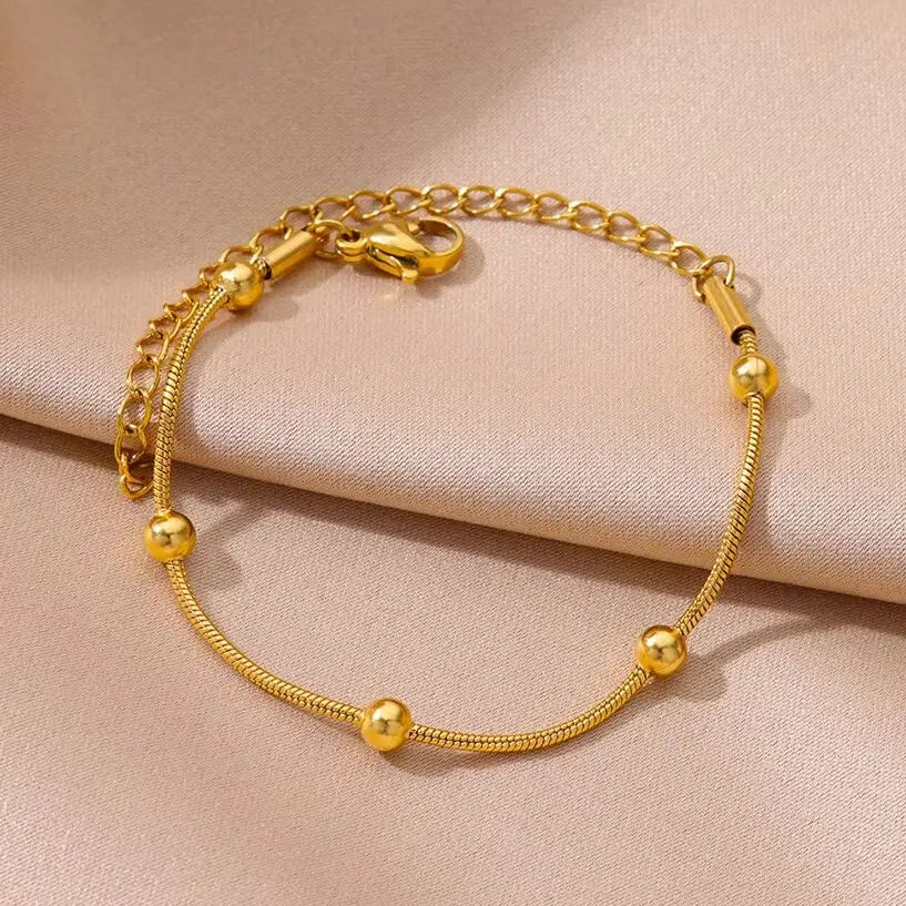 Leixure Supplies Stainless Steel Beaded Round Snake Chain Gold color Bracelets For Women - Jelwery Gifts