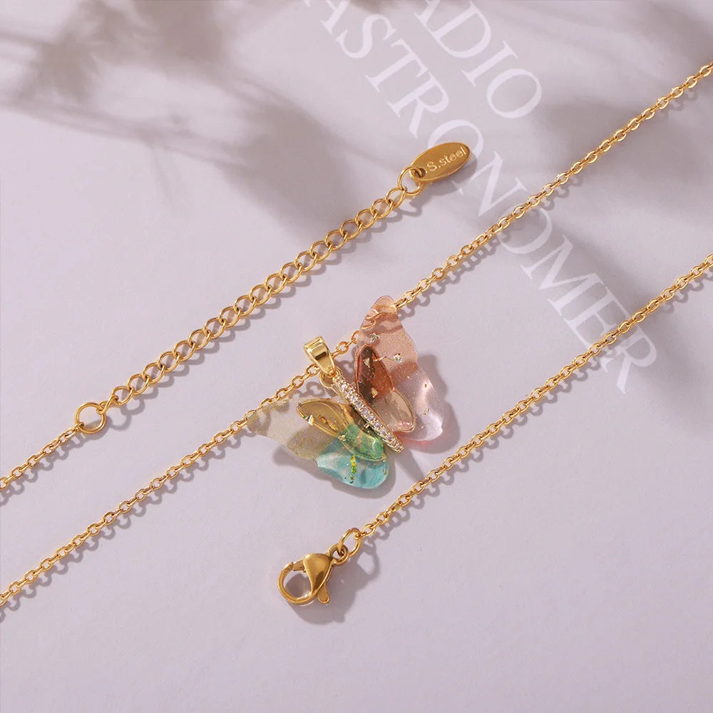 Delicate Resin Butterfly Pendant Necklace For Women Stainless Steel Thin Chain Colorful Choker PVD Gold Plated Jewelry