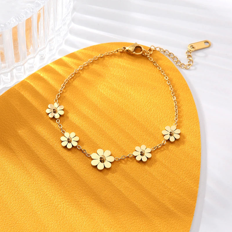 316L Stainless Steel Daisy Flowers Necklace Earrings Bracelets For Women Fashion Waterproof Jewelry 4-Set Lady Gift