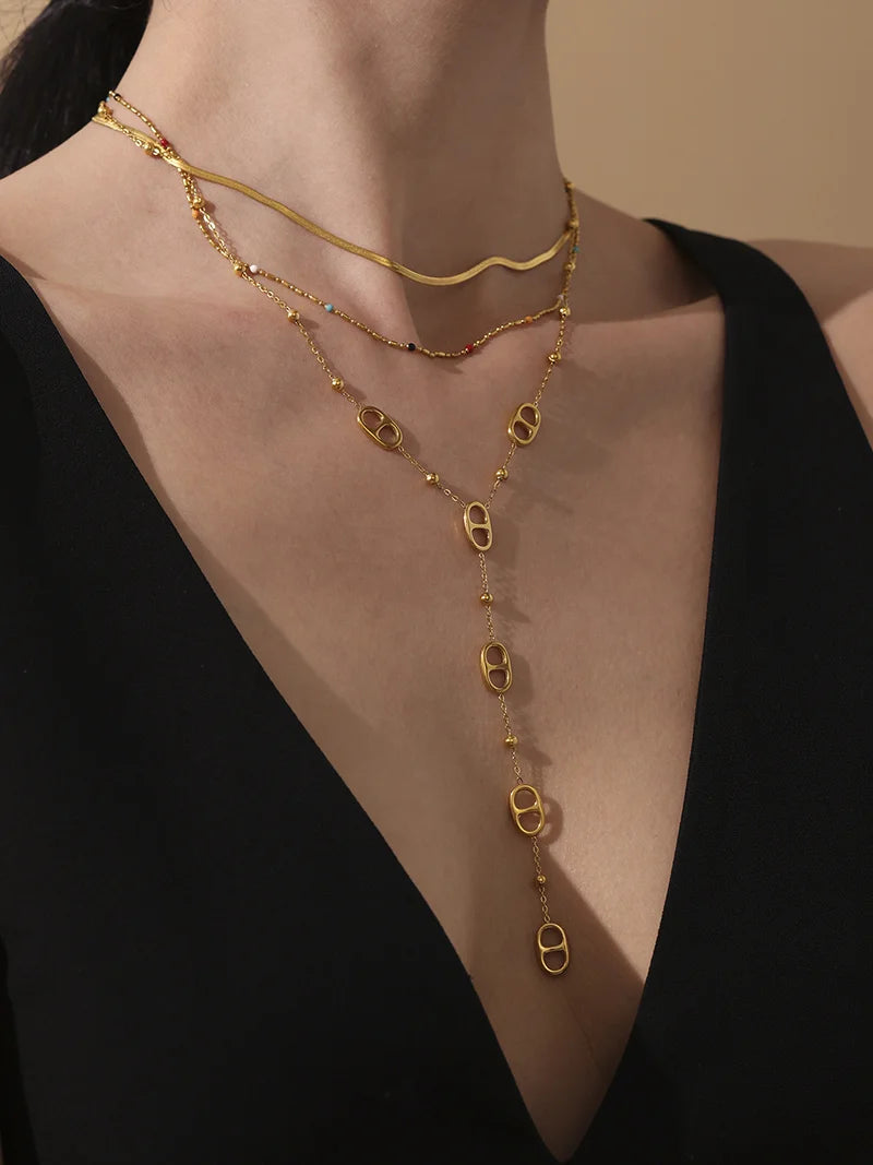 Premium Stainless Steel Long Necklace Trendy Pig Nose Style Y Shape Drop Pendant Waterproof Necklace for Women Girls Jewelry