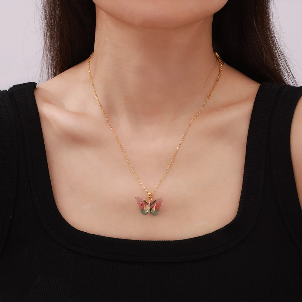Delicate Resin Butterfly Pendant Necklace For Women Stainless Steel Thin Chain Colorful Choker PVD Gold Plated Jewelry
