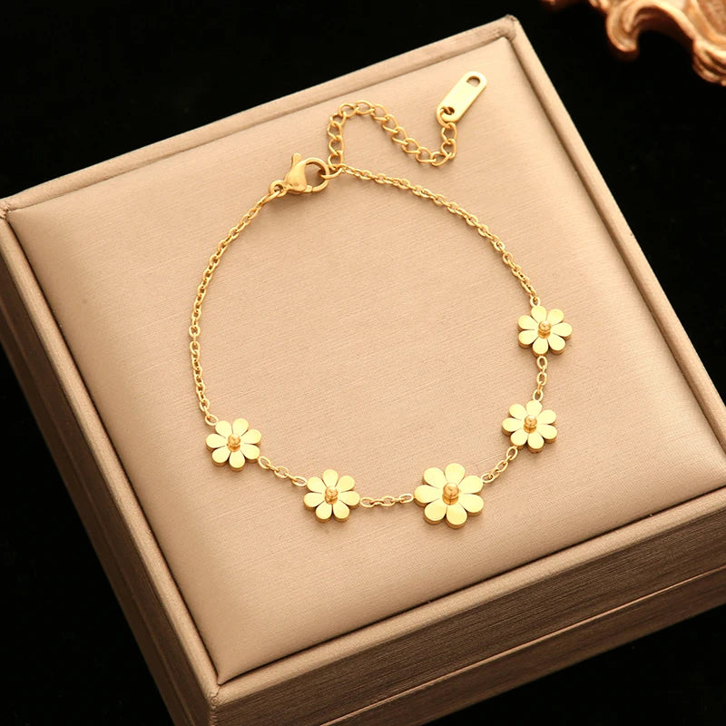 316L Stainless Steel Daisy Flowers Necklace Earrings Bracelets For Women Fashion Waterproof Jewelry 4-Set Lady Gift
