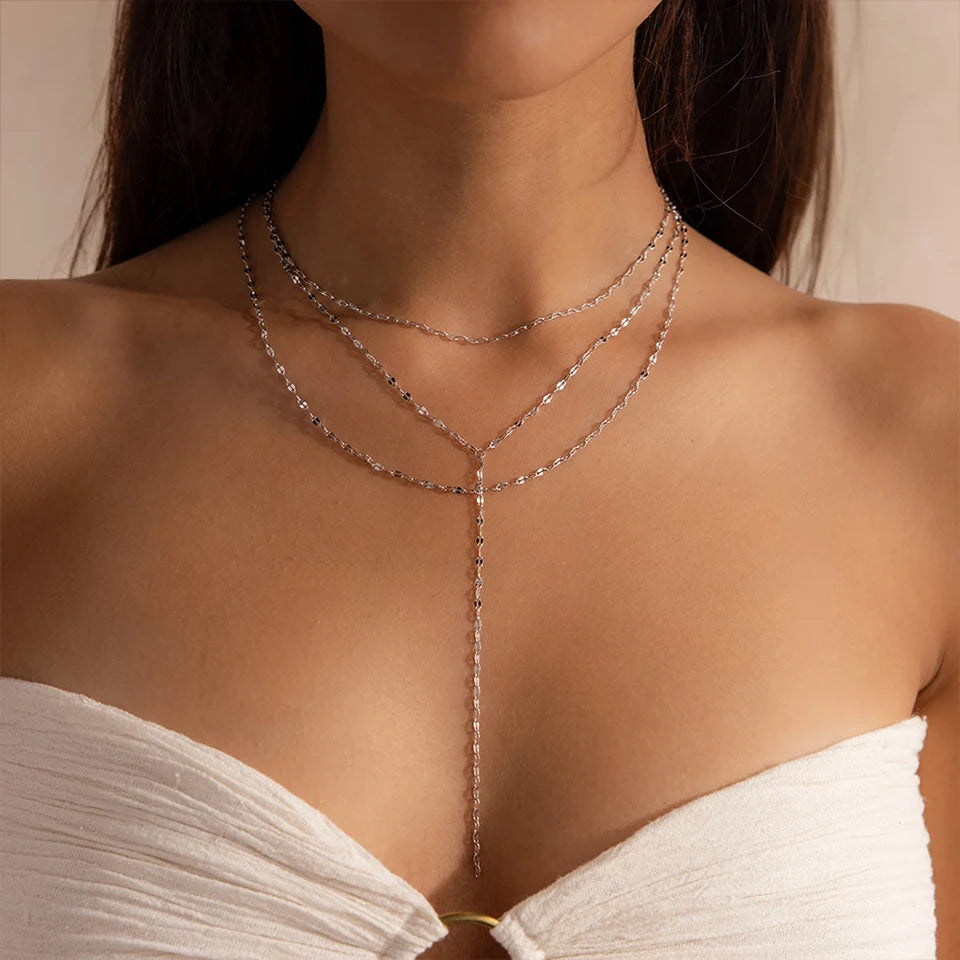 Stainless Steel Minimalist Style Water wave Chain Multi Layer Lariat Necklace Fashion Women's Jewelry Wholesale