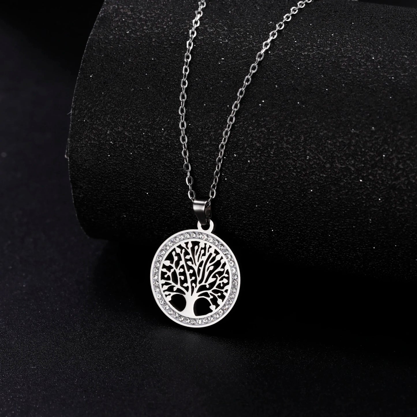 Tree of Life Necklace for Women Stainless Steel Gold Color Clear Zircon Round Pendant Neck Chains Luxury Wedding Gift