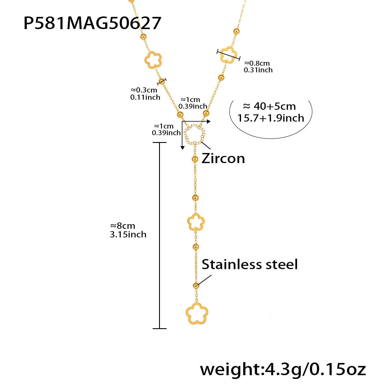 Flower Chain Stainless Steel Zircon Long Necklacs For Women PVD Gold Plated Metal Female Collar Party Wedding Jewelry